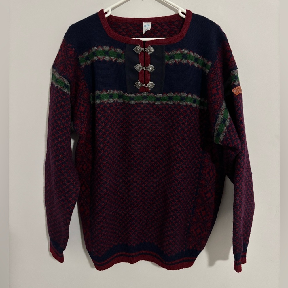 Men's Vintage Sondre Classic Patterned Crew Sweater 100% Wool Medium